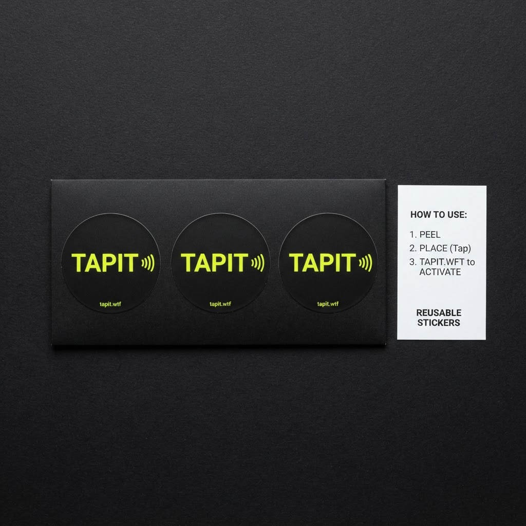 Three reusable round TapIt stickers in the starter kit