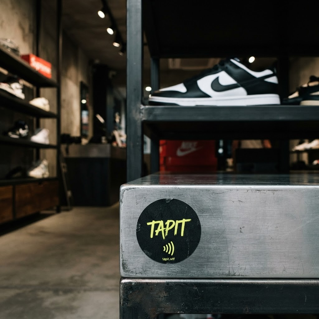A round TapIt sticker hidden on a sneaker display