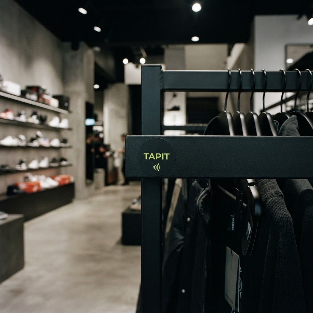 A TapIt sticker hidden beneath a retail display